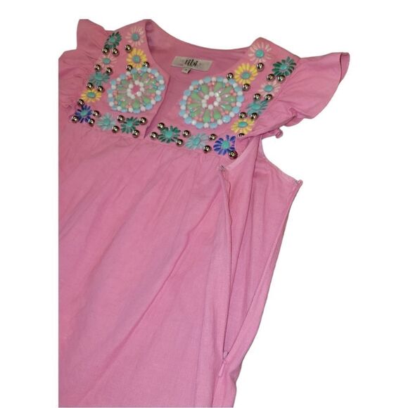 Tibi Flutter Sleeve Beaded Embroidered Linen Cotton Mexican Style Top Pink 4 - Picture 7 of 11